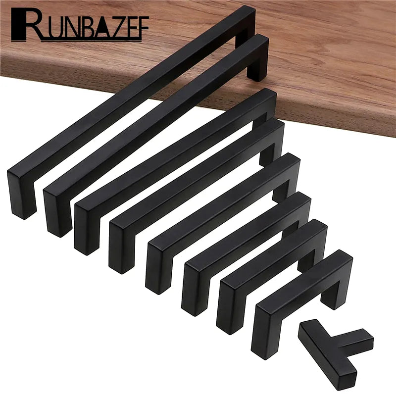 RUNBAZEF Modern Black Cabinet Handle Square Furniture Hardware Tools Kitchen Door Knobs