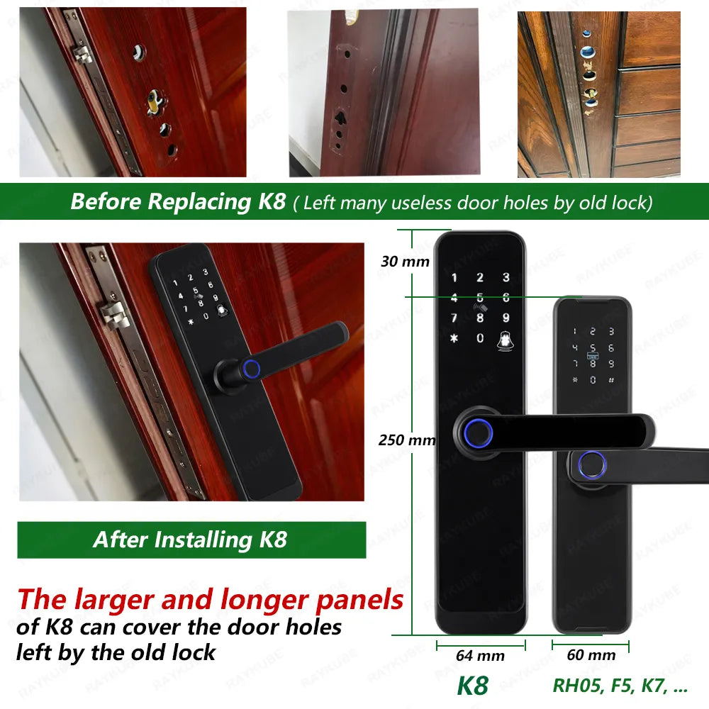 RAYKUBE K8 Tuya Wifi Smart Door Lock TT Lock Fingerprint Lock Digital Electric Lock