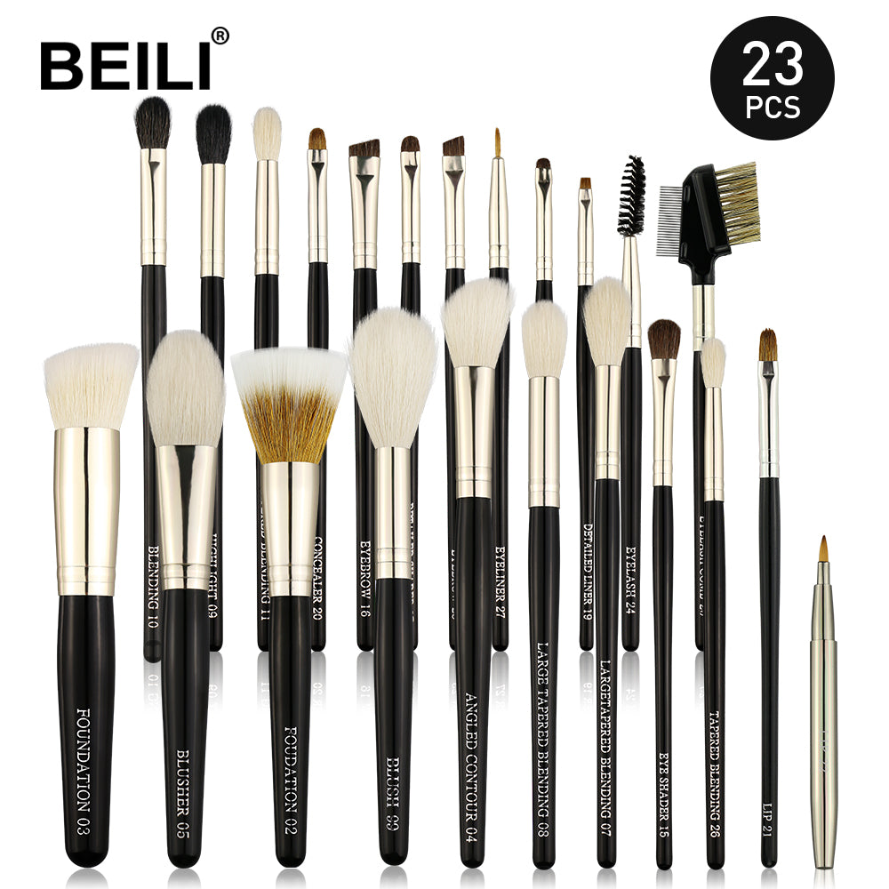 BEILI 23 Pieces Black Matte Natural Pony Professional Makeup Brush Handle Set